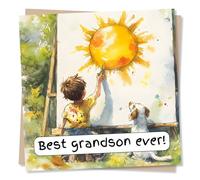 Cute Happy Birthday Card For Grandchild - Painting, Sun, Dog Lover - Best Grandson Ever! - From Grandparents, Grandma, Grandpa