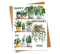 Cute Happy Birthday Card With Houseplants Modern Botanical Greeting Card For Plant Moms And Plant Dads - Size 6.3"x4.7" Blank Inside with Kraft Envelope