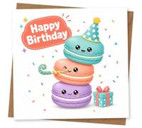 Cute Happy Birthday Card with Kawaii Macaron Characters, Party Hats and Gift Design for Friend, Daughter, Sister or Anyone Who Loves Cute Birthday Greetings