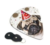 Cute Happy Birthday Pug Puppy 6 Pack Guitar Picks With Holder, Personalized Guitar Plectrums Non-Slip Portable Ukulele Bass Picks 0.71mm For Acoustic Guitar Lovers Gifts