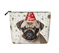 Cute Happy Birthday Pug Puppy Cosmetic Bag for Women- Portable Travel Organiser, Toiletry Bag with Zip Closure