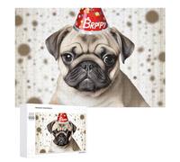 Cute Happy Birthday Pug Puppy Jigsaw Puzzle 1000 PCS Challenging Fun Puzzles Wooden Jigsaw Puzzles for Adults Families