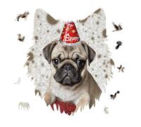 Cute Happy Birthday Pug Puppy Jigsaw Puzzle 175PCS Wolf Head Design Puzzle Wooden Jigsaw Puzzles for Adults Families