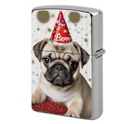 Cute Happy Birthday Pug Puppy Lighter Case Double-Sided Graffiti Lighter Holder - Metal Lighters Protective Cover, Universal Fit for Standard Lighters, Stylish Gift for Men & Women