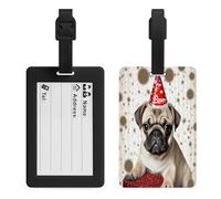 Cute Happy Birthday Pug Puppy Luggage Tag Suitcase Marker Travel Baggage Identifier with Boarding Card Holder Sturdy TPU Travel Label for Suitcases and Work Bags