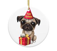 Cute Happy Birthday Pug Puppy Printing Personalized Christmas Ceramic Ornament Xmas Hanging Decoration For Home Holiday Party Decor