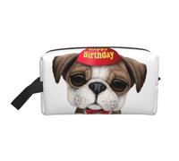 Cute Happy Birthday Pug Puppy Prints Large Makeup Bag Makeup Pouch with Handle, Portable Simple Travel Makeup Organizer Case for Women