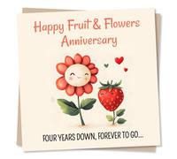 Cute Happy Fourth Fruit & Flowers Anniversary Card for a Loved One - Heart, Partner, Strawberry, Humour, 4th Wedding Gift