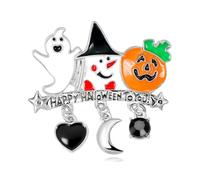 Cute Happy Halloween Enamel Brooch, Ghost Pumpkin Witch Design with Dangling Charms Crescent Black Heart & Round CZ, 4.2cm Gift for Holiday Party, Jacket Bag Hat Accessory