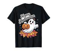 Cute Happy Halloween Ghost Pumpkin Witch Hat Autumn Leaves T-Shirt