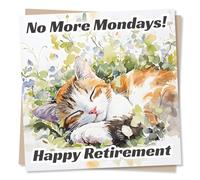 Cute Happy Retirement Card For Loved One - Cat Lover, Flowers, Nature - No More Mondays! - For Colleague, Dad, Mum, Grandad, Nan, Grandma, Grandpa, Aunt, Uncle