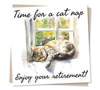 Cute Happy Retirement Card For Loved One - Snooze, Window - Time For A Cat Nap Enjoy Your Retirement! - For Colleague, Dad, Mum, Grandad, Nan, Grandma, Grandpa, Aunt, Uncle