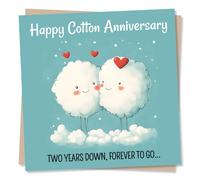 Cute Happy Second Cotton Anniversary Card for a Loved One - Hearts, Partner, Clouds, Humour, 2nd Wedding Gift