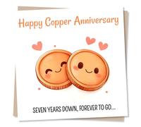 Cute Happy Seventh Copper Anniversary Card for a Loved One - Hearts, Partner, Coins, Humour, 7th Wedding Gift