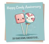 Cute Happy Sixth Candy Anniversary Card for a Loved One - Hearts, Partner, Lollipops, Humour, 6th Wedding Gift
