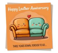 Cute Happy Third Leather Anniversary Card for a Loved One - Heart, Partner, Sofa, Humour, 3rd Wedding Gift