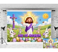 Cute He is Risen Backdrop 10x8ft Cartoon Easter Jesus Resurrection Cross Photo Backdrops Christian Bunny Eggs Party Decorations Banner Photo Props