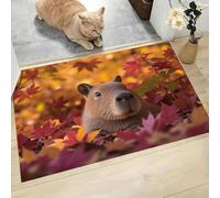 Cute Healing Animals Doormats Inside Washable Non-slip 80x120cm Capybara Autumn Maple Leaves Door Mat, Dirt Resist Entrance Mat Rug Low Profile Floor Mat for Front Door Kitchen Bathroom, Brownish Red