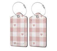 Cute Heart Pink Buffalo Plaid Pattern,Luggage Tags Pu Leather Name Tag Travel Suitcase Identifier ID Tags Durable Luggage Label 2 pcs