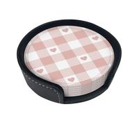 Cute Heart Pink Buffalo Plaid Pattern,Set of 6 Round Coasters, Pu Leather Drinks Coasters with Holder for Home Office Kitchen