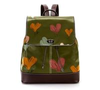 Cute Heart Shaped Florals on Olive Green Background Women Laptop Backpack, PU Leather Daypack Fashion Rucksack Travel Shoulder Bag