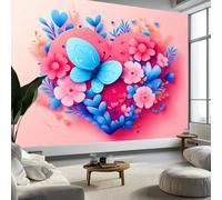 Cute Heart-Shaped Flowers Butterfly Mural Wallpaper 450 x 280 cm, Wall Decoration Paper Poster Bohemian Cartoon Style for Teen Kids Bedroom Playroom Home Decoration Wallpaper