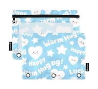 Cute Heart Star Happy Blue White Pencil pouching for Binder with Clear Window Pencil Bag Big Capacity Three Ringing Binder for Storing School Students Teacher Supplies Multicolored 2 PCS