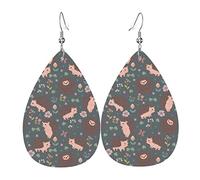 Cute Hedgehog And Flowers Pattern Dangle Leather Clip on Earrings Faux PU Lightweight Teardrop Drop for Women