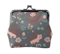 Cute Hedgehog and Flowers Pattern, PU Leather Coin Purse, Small Wallets, Change Pouch with Kiss Lock Clasp Buckle, Change Purse