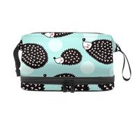 Cute Hedgehog and Polka Dot Double Layer Cosmetic Bag for Women and Girls, Travel Toiletry Bag Makeup Handy Pouch Organiser Bag with Brush Compartment