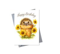 Cute Hedgehog Birthday Card - Sunflower Watercolour Design - Happy Birthday Card for Animal Lovers - Blank Inside JBS88