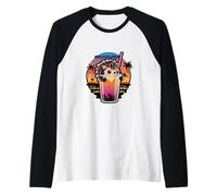 Cute Hedgehog Boba Tea Tropical Sunset Kawaii Design Raglan Baseball Tee