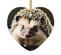 Cute Hedgehog Ceramic Christmas Heart Pendant, The Pottery Piece is Available with Silk Thread