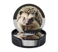 Cute Hedgehog Coasters, Set of 6, 10 Cm Round Leather Coffee Coasters Wine Coasters