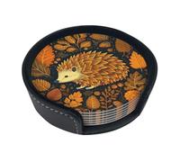 Cute Hedgehog Coasters Set of 6 Round Leather Coaster with Holder Heat Resistant Coasters for Drinks Mug Coaster Coffee Mat Cup Pad for Kitchen Office Home Decoration
