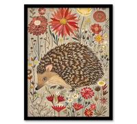 Cute Hedgehog Floral Artwork Rustic Woodland Framed Art Print Artery8 Grey A4