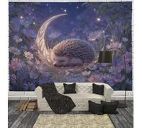 Cute Hedgehog Flowers Tapestry Wall Hanging For Bedroom Aesthetic, Dreamy Crescent Moon Animals Tapestries, Blue-Purple Large Backdrop Wall Mural Covering For Dorm Living Room Decor, 150X100Cm