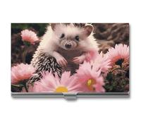 Cute Hedgehog in Flowers Business Card Holder Pocket Slim Portable Metal Business Card Case Business Card Organizer Credit Card Wallet Multi Card Case for Men Women Travel Office, silver, One Size,