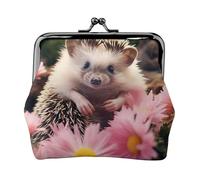 cute hedgehog in flowers Coin Purse for Women, Small PU Leather Change Purse with Kiss Lock, Vintage Coin Wallet Card Holder, Mini Coin Pocket Pouch Change Holder for Travel, Party