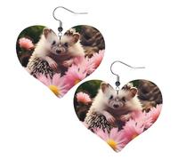 cute hedgehog in flowers Leather Earrings Dangle Drop for Women Lightweight Heart Dangle Earrings Jewelry Fashion Pendant and Valentine Birthday Party Gift