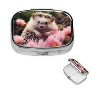 Cute Hedgehog in Flowers Pill Box 2 Compartment Square Portable Pill Case for Pocket or Purse Small Weekly Medicine Planner Travel Pillbox with Mirror Decorative Metal Vitamin Holder Gifts