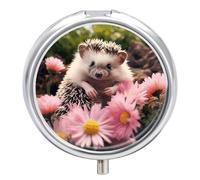 Cute Hedgehog in Flowers Pill Box, 3 Compartment Small Pill Case Waterproof Travel Pill Organizer for Pocket Or Purse Portable Mini Medicine Tablet Vitamin Holder Pill Case