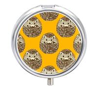 Cute Hedgehog in Vintage Style Iron Pill Box Case Organizer with Internal Separate Plastic Dividers, Travel Small Medicine Bag Holder Carrier Round Container
