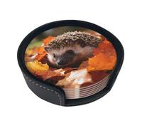 Cute hedgehog Leather Coasters-Set of 6 with Storage Holder