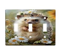 Cute Hedgehog Light Switch Cover Plates/Outlet Covers, Floral Daisies for Spring Wall Decor, Thermoplastic Wall Plates, Standard Size Triple Toggle