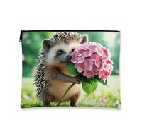 Cute Hedgehog Makeup Bag, Peach Hydrangea Floral Cosmetic Travel Pouch for Women, Portable Small Zipper Organizer, Spring Festival Gift Toiletry Bag, Peach, 7x9 Inch, Hedgehog