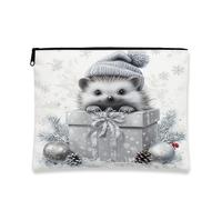 Cute Hedgehog Makeup Bag, Winter Snowy Cosmetic Pouch for Women, Portable Canvas Zipper Organizer, Holiday Skincare Toiletry Bag 7x9 Inch