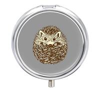 Cute Hedgehog on Grey Iron Pill Box Case Organizer with Internal Separate Plastic Dividers, Travel Small Medicine Bag Holder Carrier Round Container