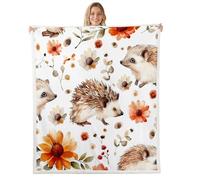 Cute Hedgehog Sherpa Blanket Cartoon Floral Wild Animal Throw Blanket Bedroom Living Room Soft Cozy Rustic Country Botanical Blankets Decor for Bed Couch Sofa Brown Flannel Blankets 90"x90"