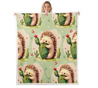 Cute Hedgehog Sherpa Blanket Farm Mushroom Floral Cactus Throw Blanket Bedroom Living Room Soft Cozy Dots Rustic Wild Animal Blankets Decor for Bed Couch Sofa Brown Green Flannel Blankets 50"x60"